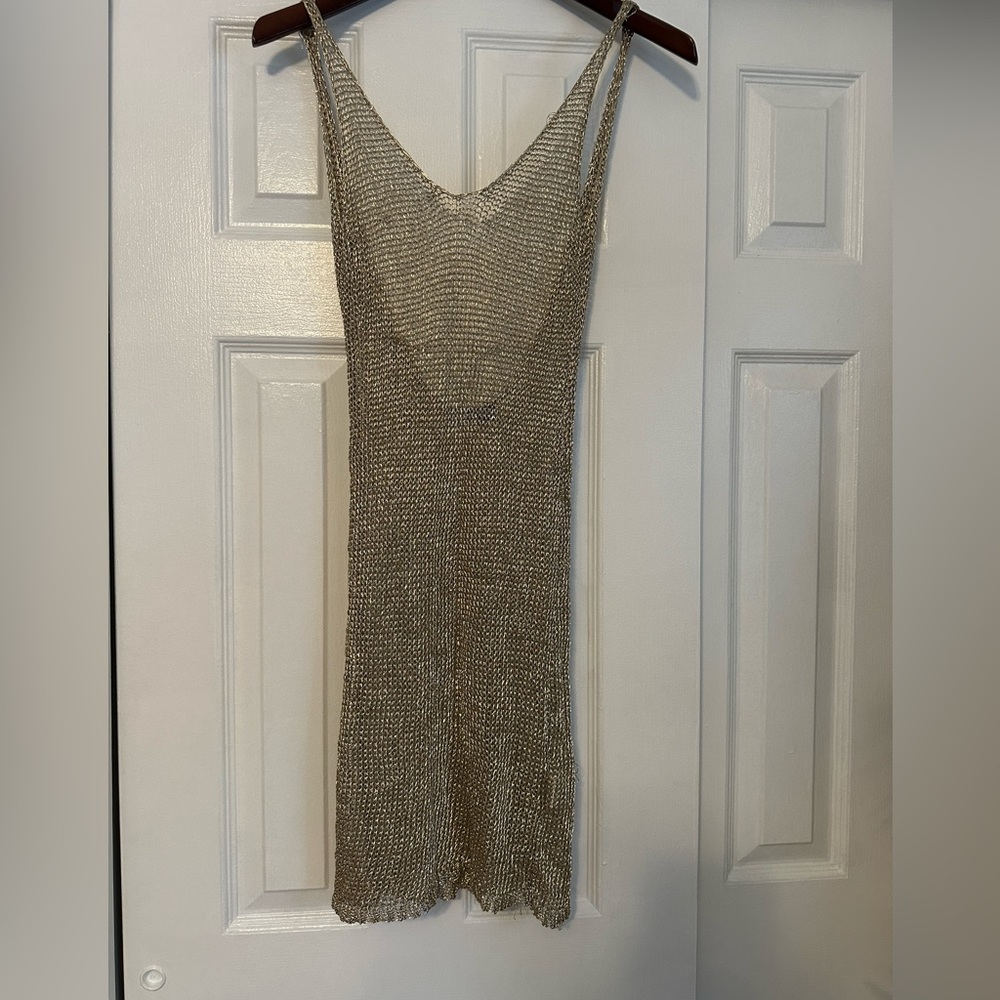 Gold beach bathing suit bikini cover up mini dress low back size small